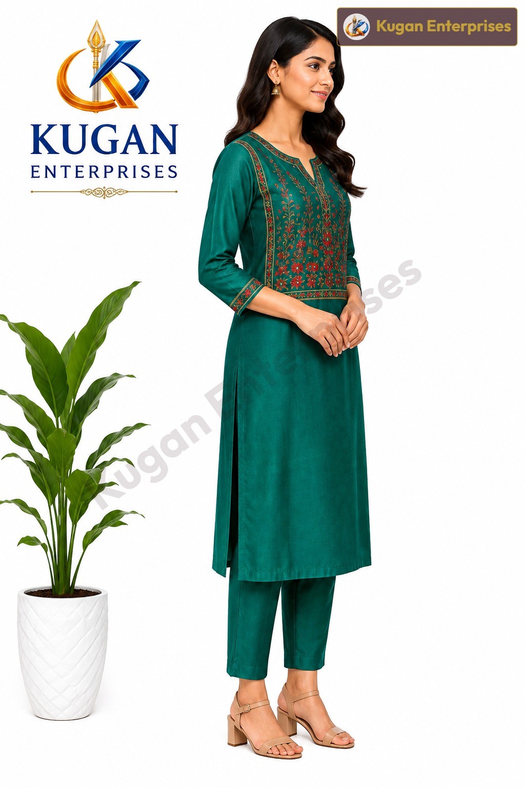 Emerald Bloom Embroidered Kurta with Straight Pant Set