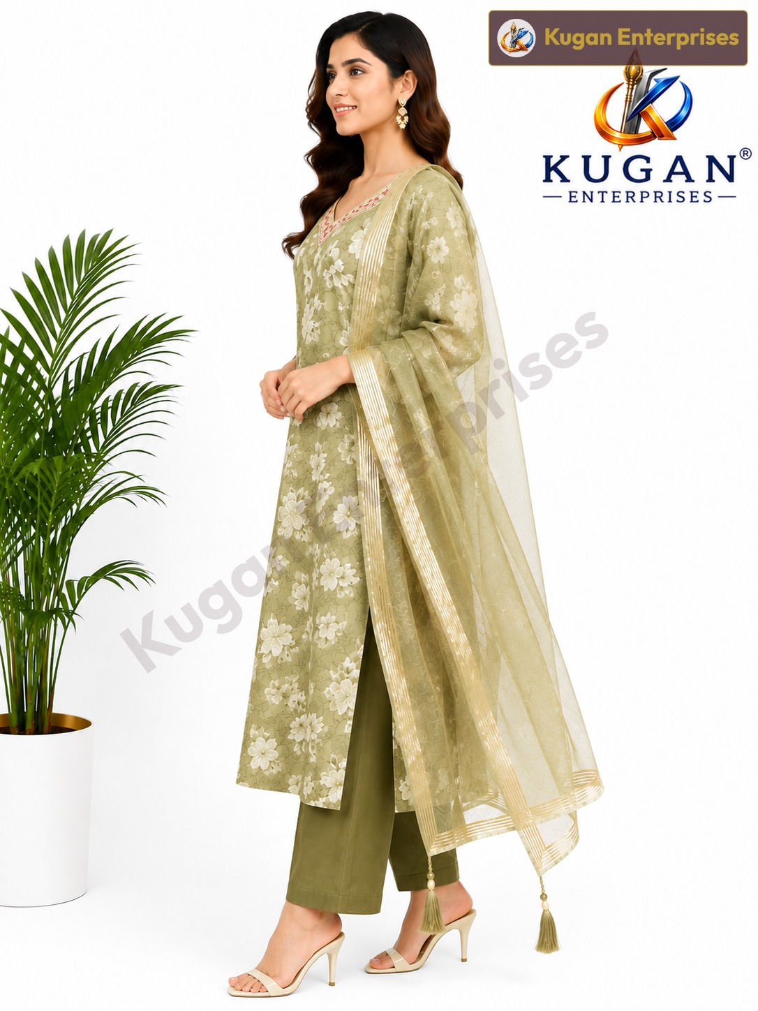 Women's Sage Green Floral Printed Kurta Pant Set with Designer Tissue Dupatta