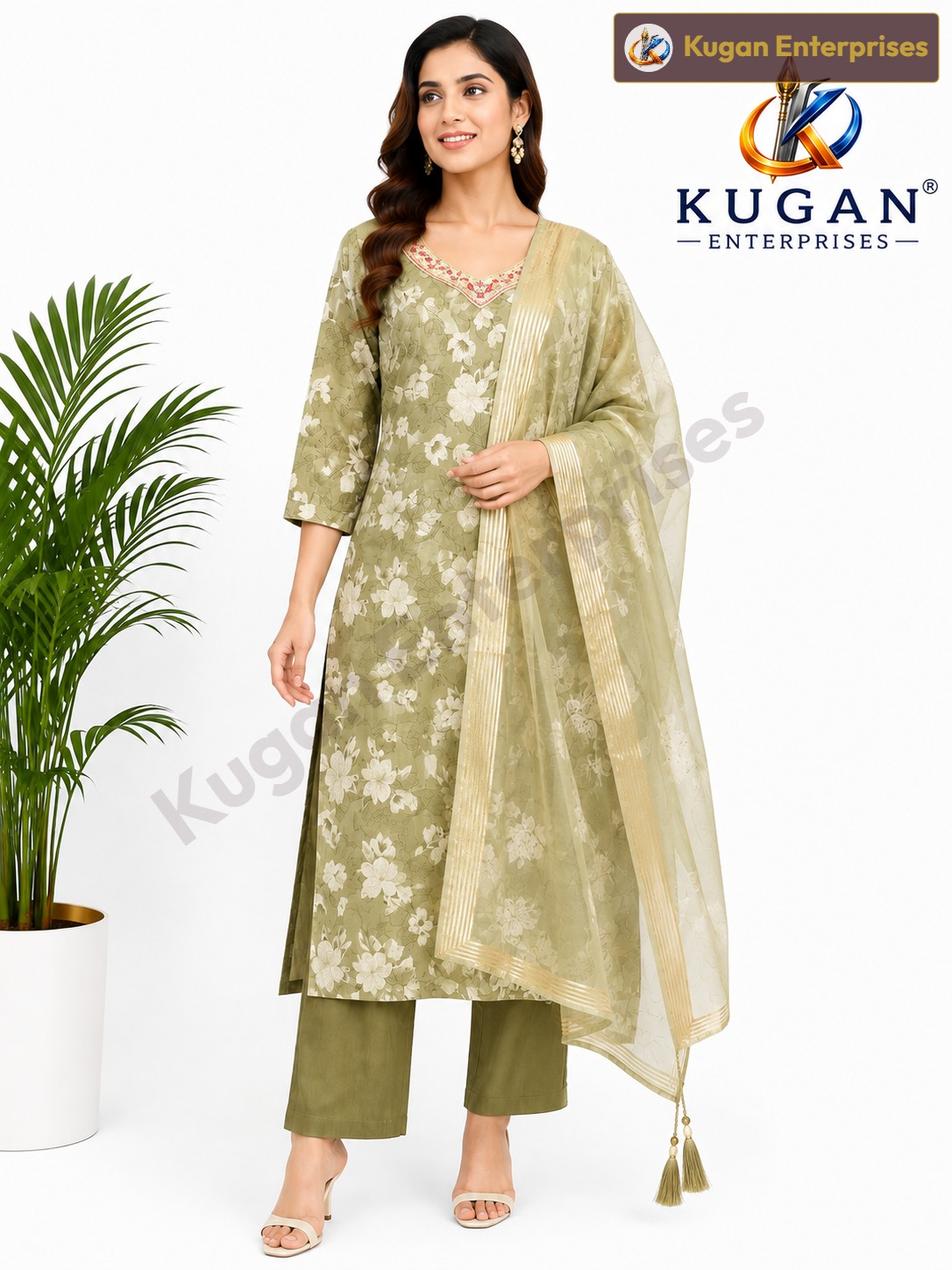 Women's Sage Green Floral Printed Kurta Pant Set with Designer Tissue Dupatta