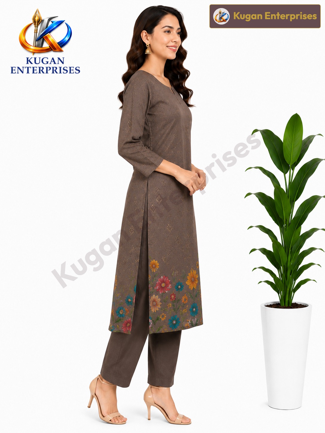 Taupe Floral Designer Kurta Set with Organza Dupatta