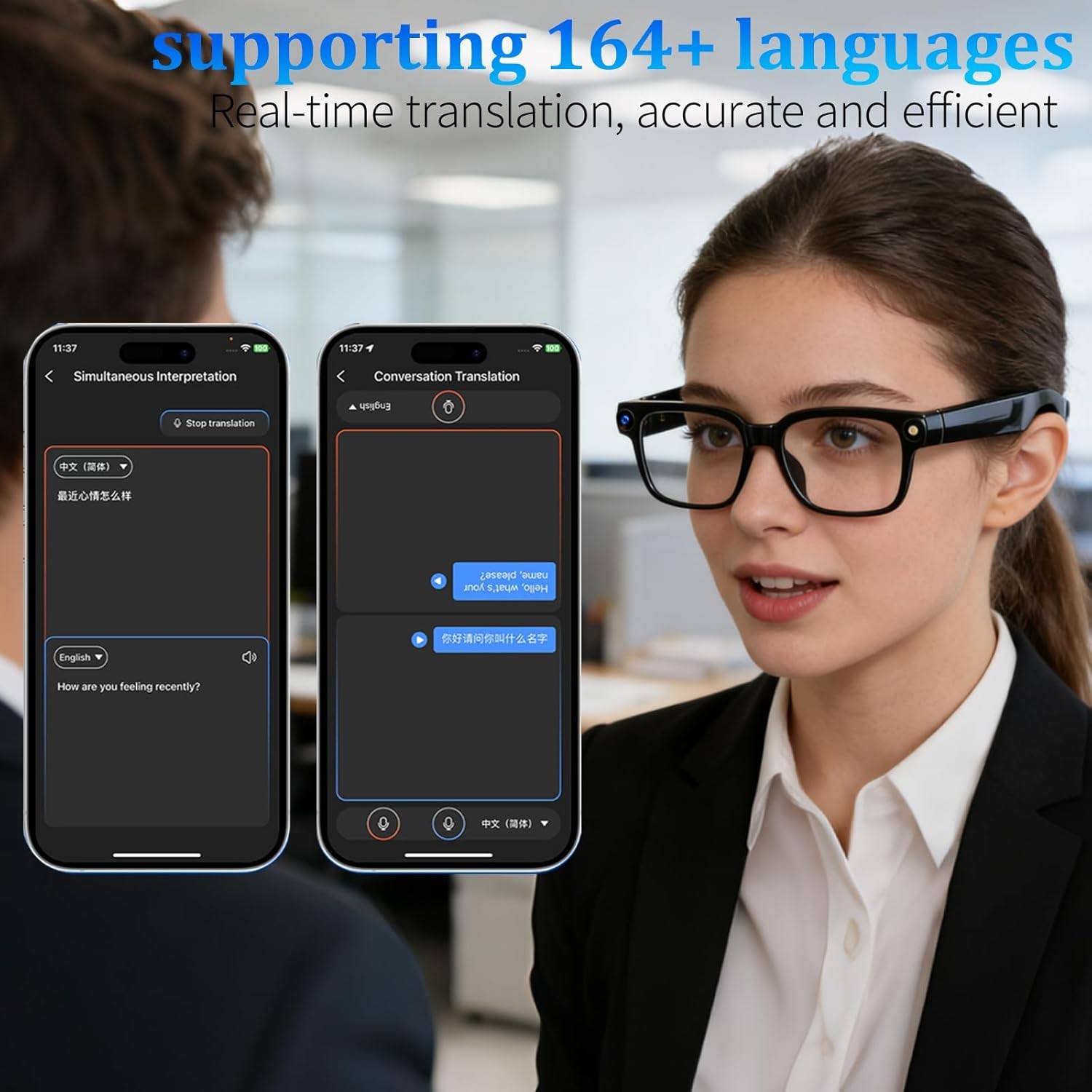 AI Smart Glasses with Camera and Bluetooth, 1080P HD Recording Glasses, Smart Translation Glasses, Real-time Translation, Suitable for Travel, Sports, and vlogging.