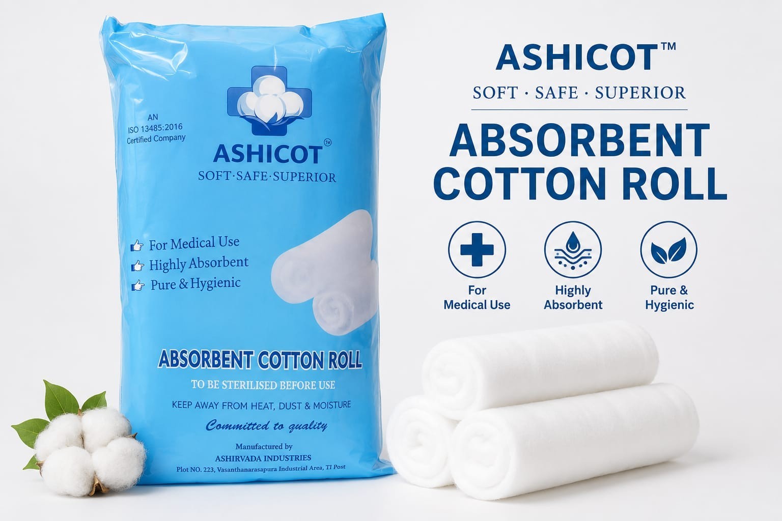 ASHICOT Absorbent Cotton Roll 100gm for Medical Use – 100% Pure, Soft & Non-Sterile for First Aid, Wound Dressing, Baby Cleaning, Clinics