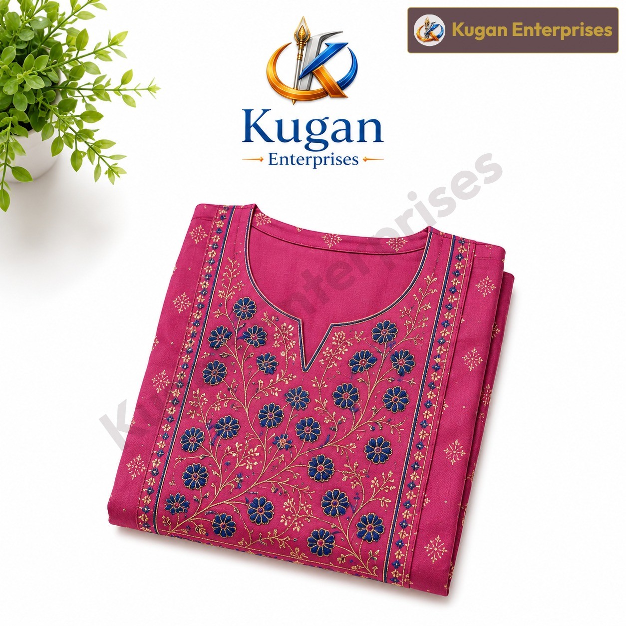 Women's Embroidered Straight Kurti – Magenta with Blue Floral Embroidery