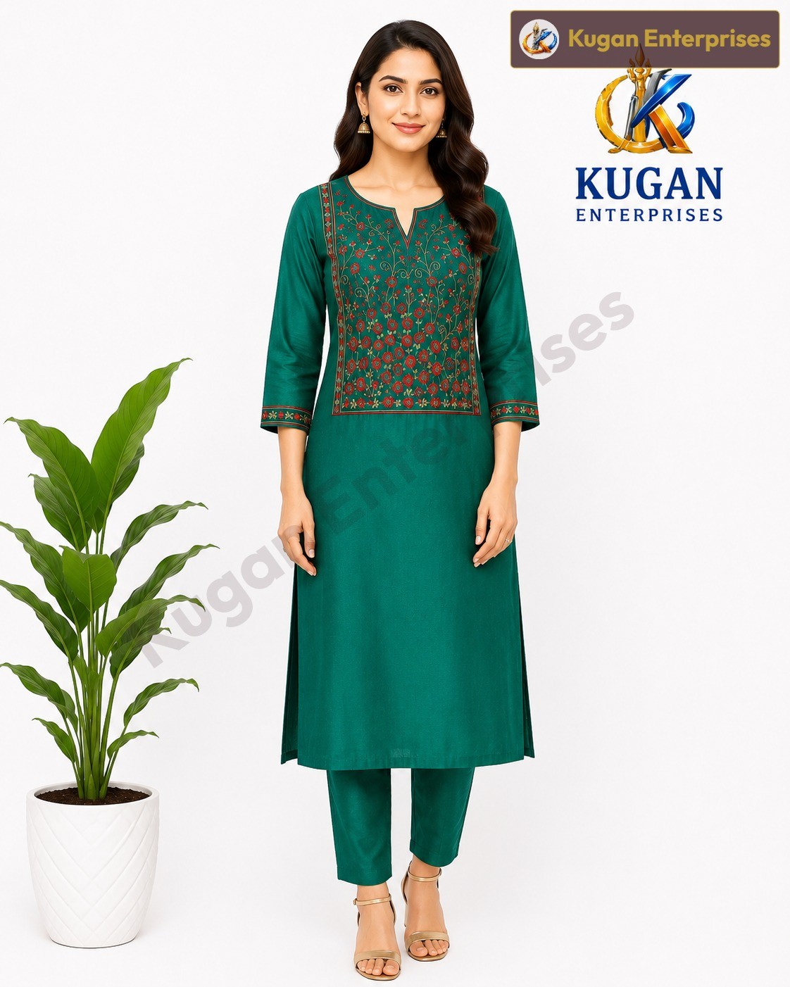 Emerald Bloom Embroidered Kurta with Straight Pant Set