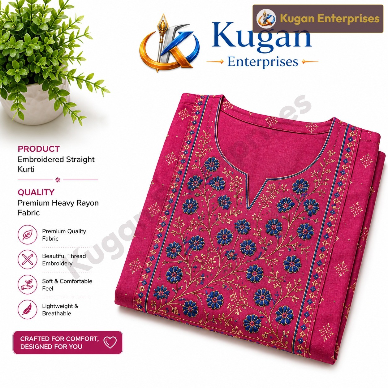 Women's Embroidered Straight Kurti – Magenta with Blue Floral Embroidery