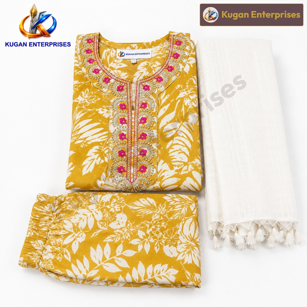 Mustard Floral Embroidered Kurta Set with Printed Pant & White Dupatta