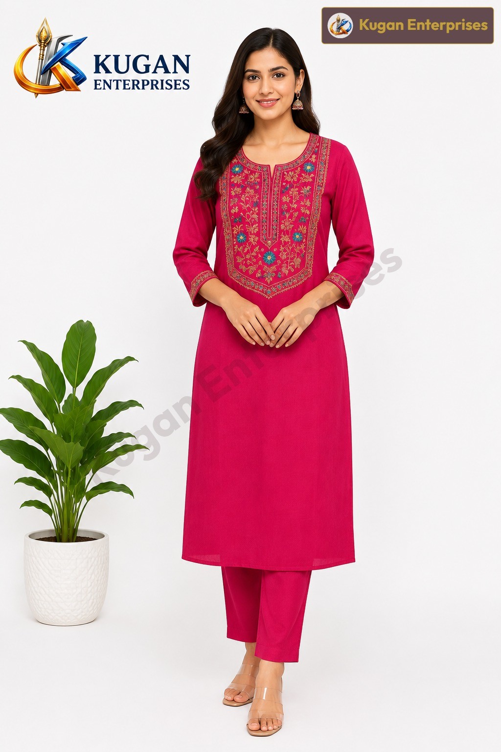 Premium Fuchsia Floral Embroidered Kurta with Matching Pant Set
